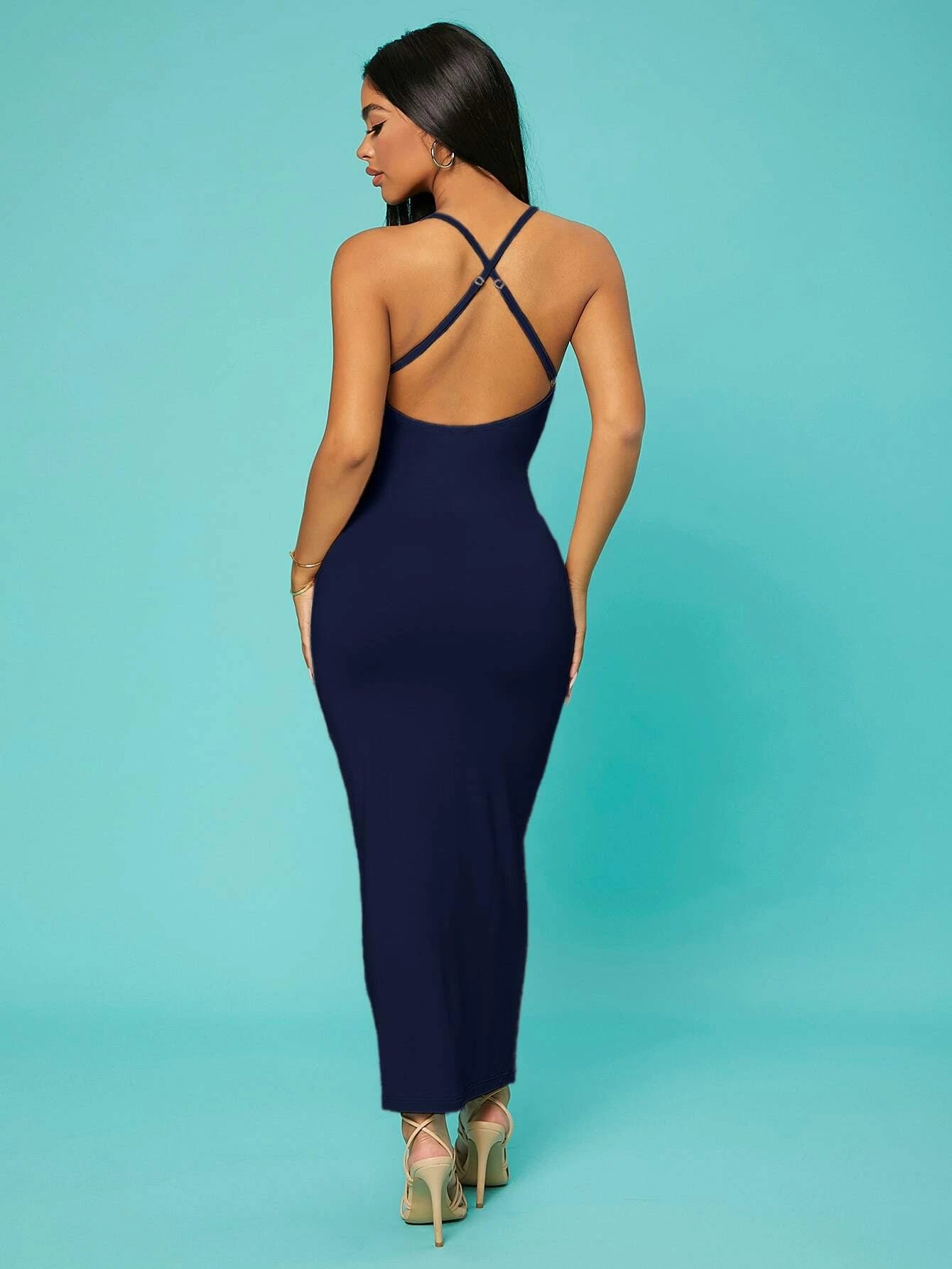 SHEIN SXY Prom Dress;Solid Criss Cross Backless Cami Dress